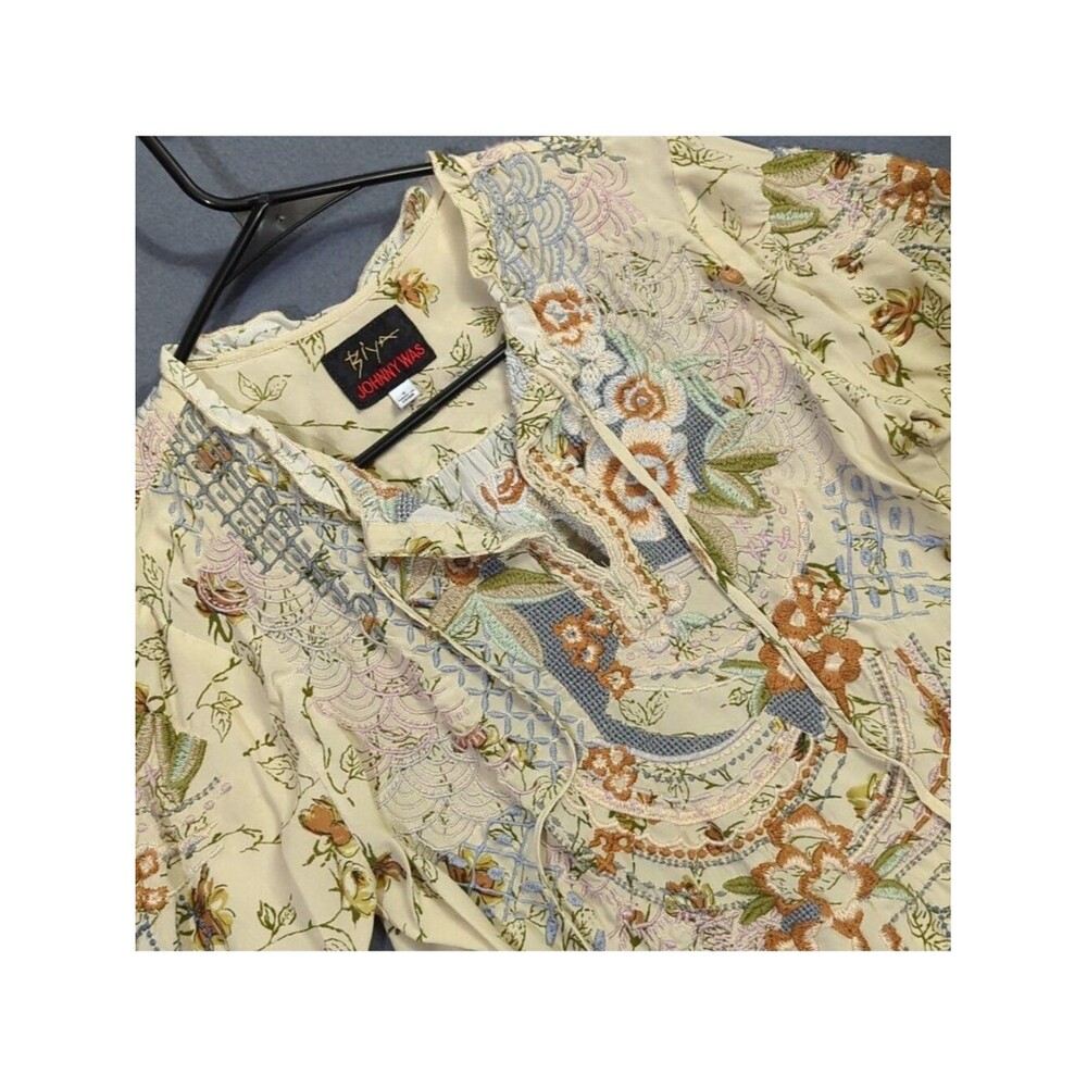 Johnny Was Byia Top Women's S Multicolor Silk Floral Embroidered Front Tie Boho